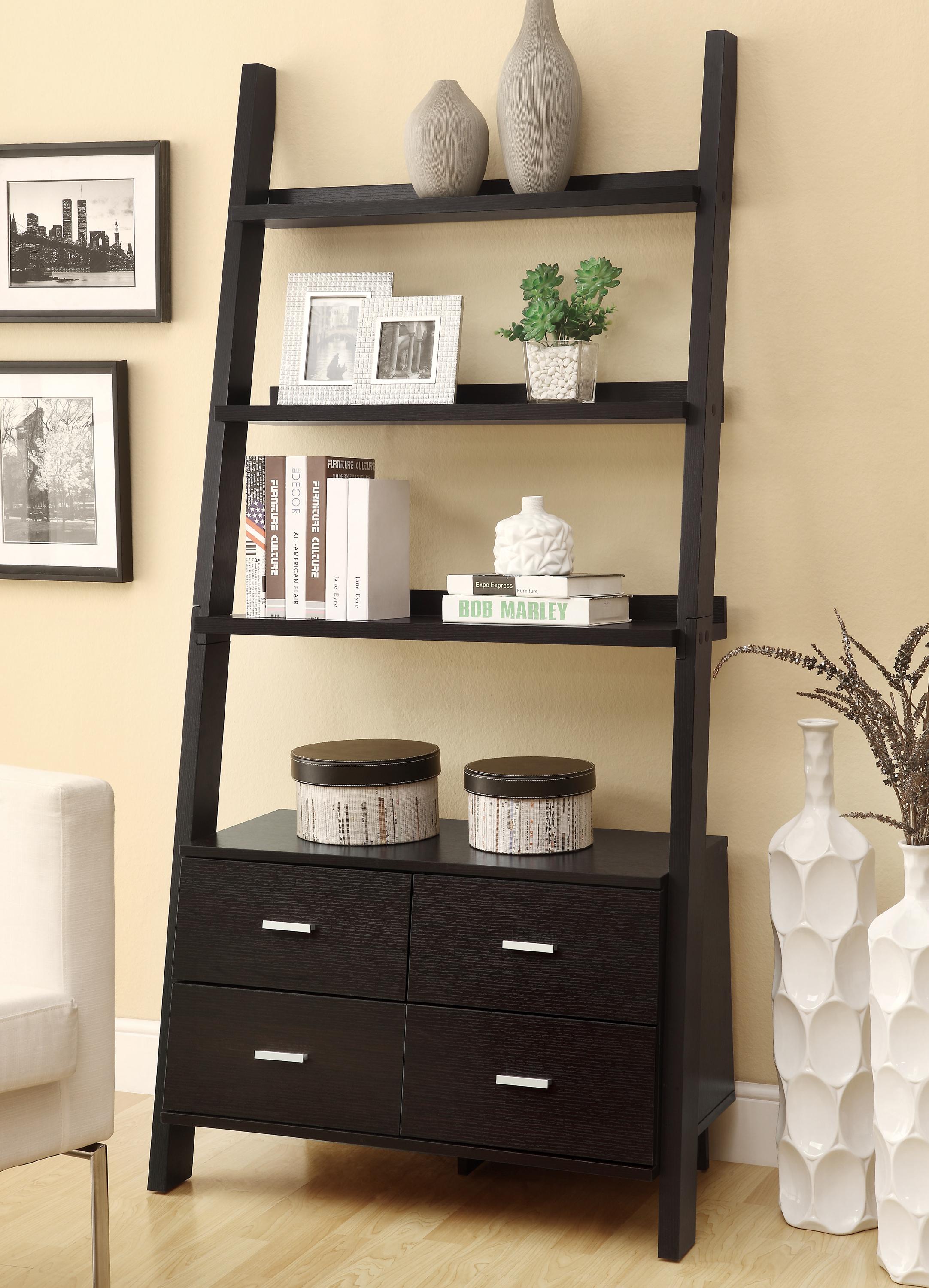 Black ladder shop shelf with drawers
